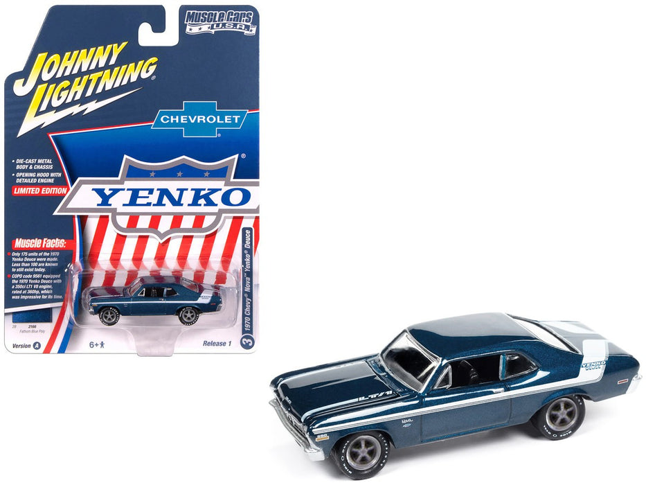 1970 Yenko Deuce Chevrolet Nova in Fathom Blue Poly with Whit - Johnny Lightning 1/64 - JLMC034 A C