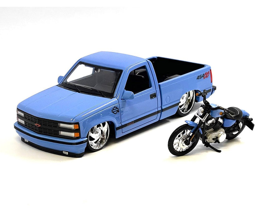 1993 Chevrolet 454SS Pick-Up & 2007 XL 1200N Nightster Harley-Davidson Bike Custom - Blue - Maisto 1/24 - 32276 CBL