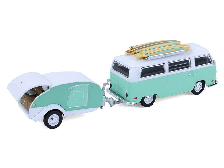 1971 Volkswagen Type 2 with surfboards and Teardrop Trailer - Hitch & Tow Series 33 - 1/64 Greenlight - 32330 B