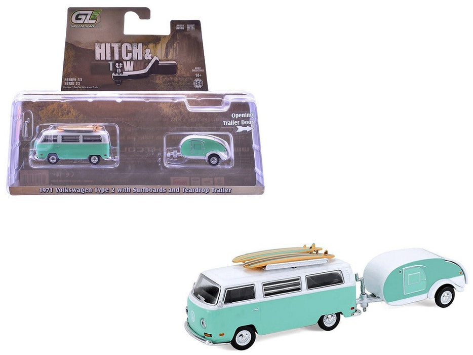 1971 Volkswagen Type 2 with surfboards and Teardrop Trailer - Hitch & Tow Series 33 - 1/64 Greenlight - 32330 B
