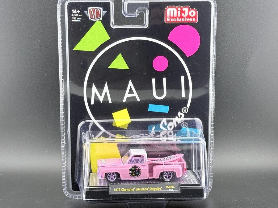 CHASE CAR 1979 Chevy Silverado Stepside with Surfboard Maui & Son - Pink - MiJo Exclusives - M2 Machine - 1:64 - 31500-MJS95GR
