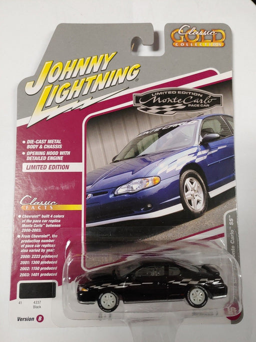 CHASE CAR 2001 Chevrolet Monte Carlo SS in Gloss Black with Checkered Side Stripe - Johnny Lightning 1/64 - JLSP391 BGR