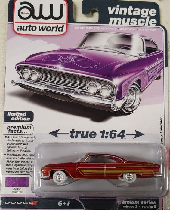 CHASE CAR 1961 Dodge Phoenix Lowrider in Purple Sky Metallic with Lowrider Graphics - Auto World - 1/64 - AWSP195 BGR