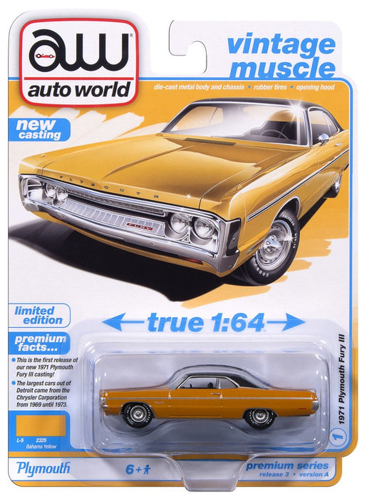 1971 Plymouth Fury III Bahama Yellow - 2025 Premium Release 3 Version A - Auto World - 1/64 - AW64522 A A