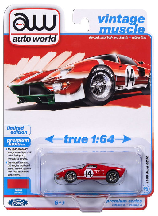 1965 Ford GT40 NO.14 Red w/White Stripes - 2025 Premium Release 3 Version A - Auto World - 1/64 - AW64522 A E