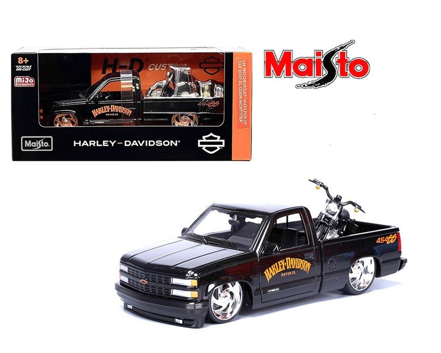 1993 Chevrolet 454SS Pick-Up & 2007 XL 1200N Nightster Harley-Davidson Bike Custom - Black - Maisto 1/24 - 32276 BLK