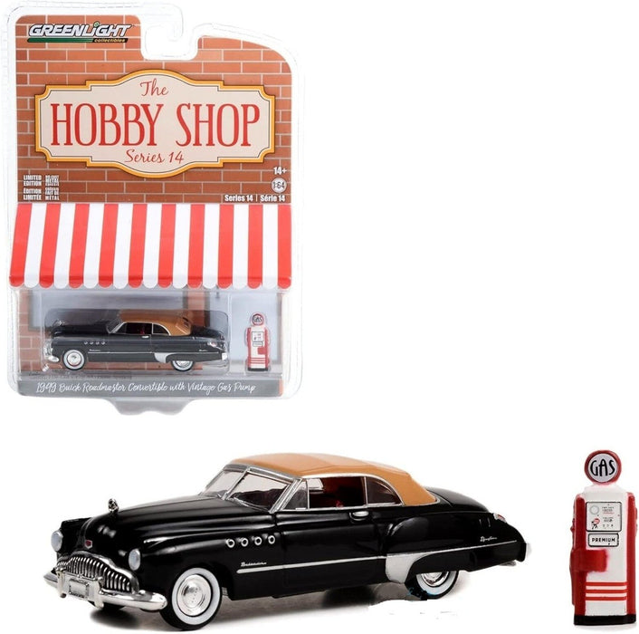1949 Buick Roadmaster Convertible (Top Up) with Vintage Gas Pump - The Hobby Shop Series 14 - 1/64 Greenlight - 97140 A