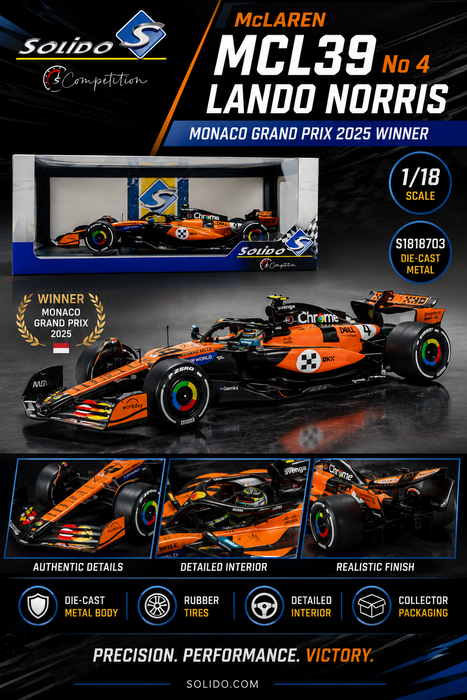 McLaren MCL39 No 4 Norris Monaco 2025 - Solido - 1/18 - S1818703 - Passion Diecast 