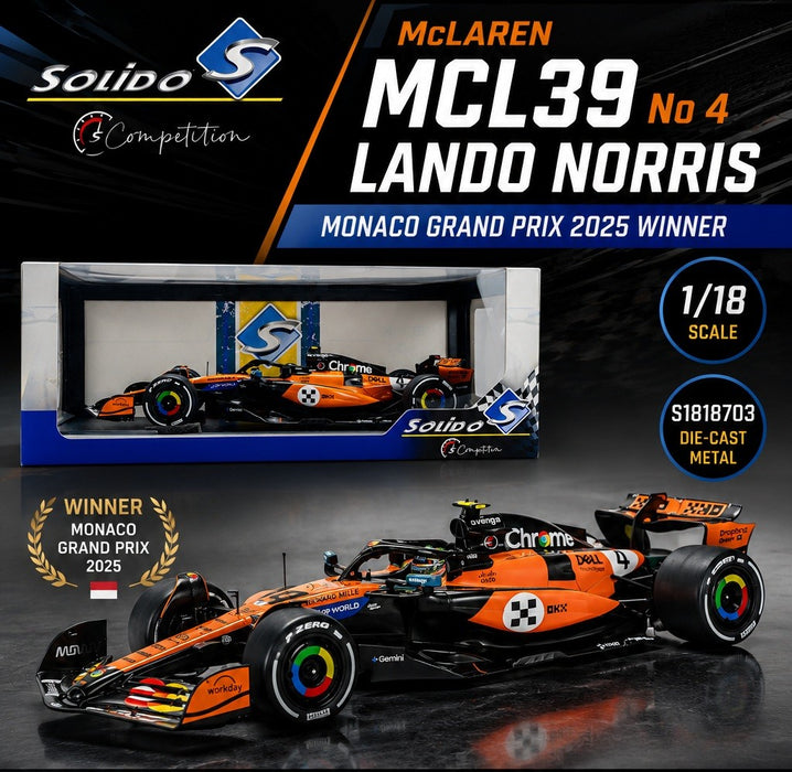 McLaren MCL39 No 4 Norris Monaco 2025 - Solido - 1/18 - S1818703 - Passion Diecast 