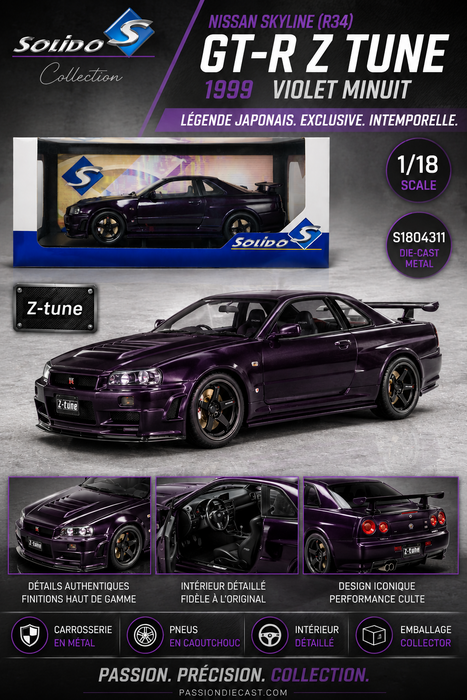 Nissan Skyline (R34) GT-R Z Tune 1999 Midnight Purple - Solido - 1/18 - S1804311 - Passion Diecast