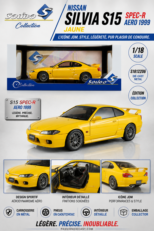 Nissan Silvia S15 Spec-R AERO 1999 Yellow - Solido - 1/18 - S1812206 - Passion Diecast 