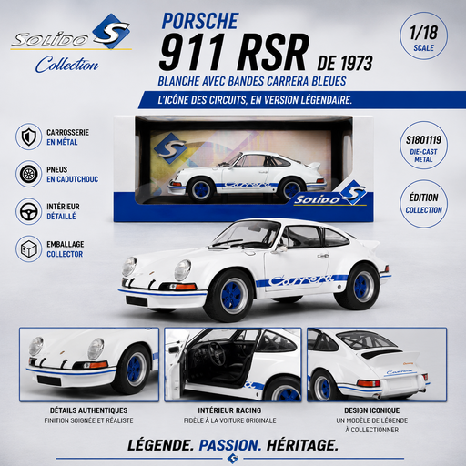 PORSCHE 911 RSR WHITE & BLUE CARRERA STRIPES 1973 - Solido - 1/18 - S1801119 - Passion Diecast 