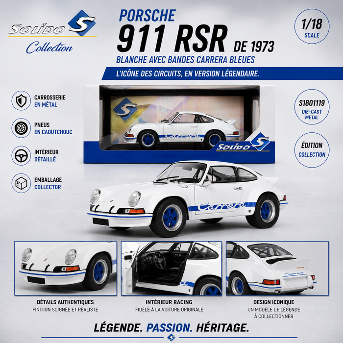 PORSCHE 911 RSR WHITE & BLUE CARRERA STRIPES 1973 - Solido - 1/18 - S1801119 - Passion Diecast 