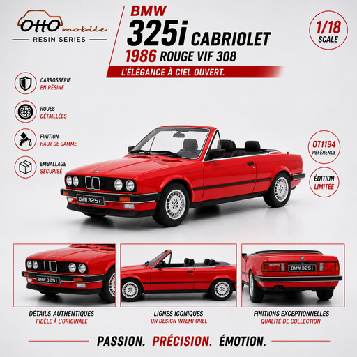 BMW 325i Convertible Bright Red 308 1986 - 1/18 - OT1194 Passion Diecast 