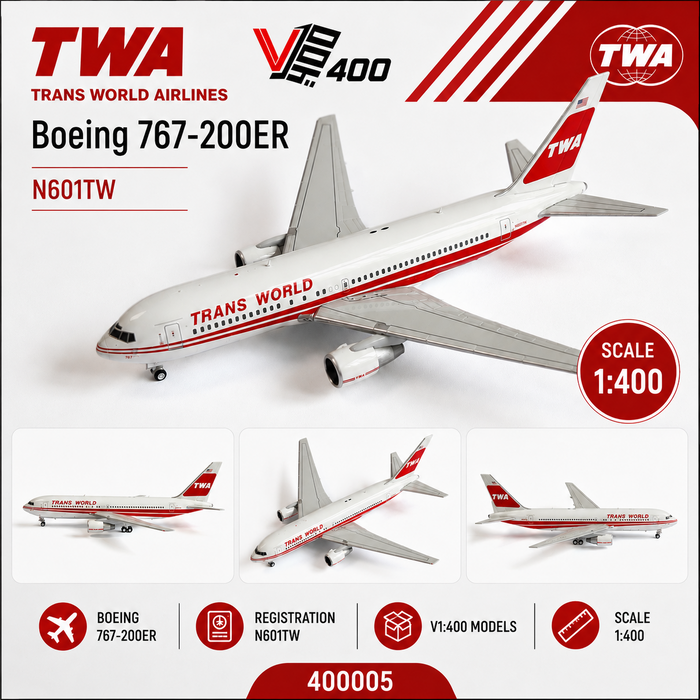 TWA - Trans World Airlines Boeing 767-200ER / N601TW /  V1 400 Models / 1:400 / 400005