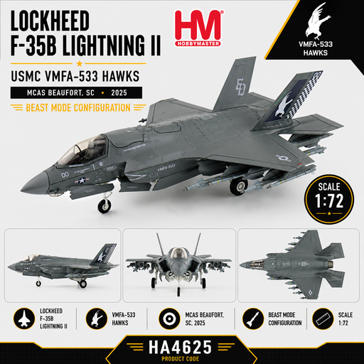 (Preorder) Lockheed F-35B Lightning II / USMC VMFA-533 Hawks, MCAS Beaufort, SC, 2025, Beast Mode / Hobby Master 1:72 HA4625