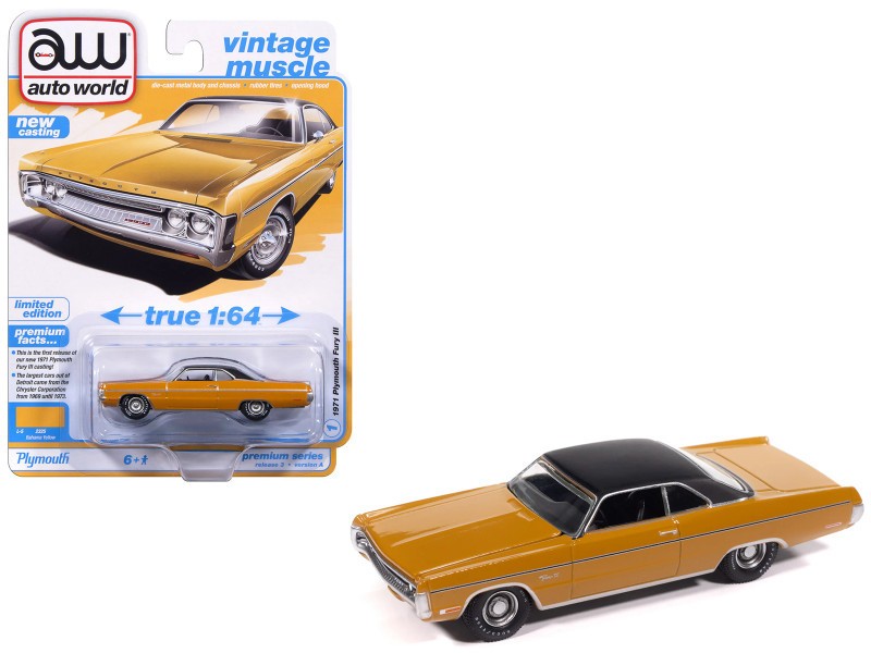 1971 Plymouth Fury III Bahama Yellow - 2025 Premium Release 3 Version A - Auto World - 1/64 - AW64522 A A