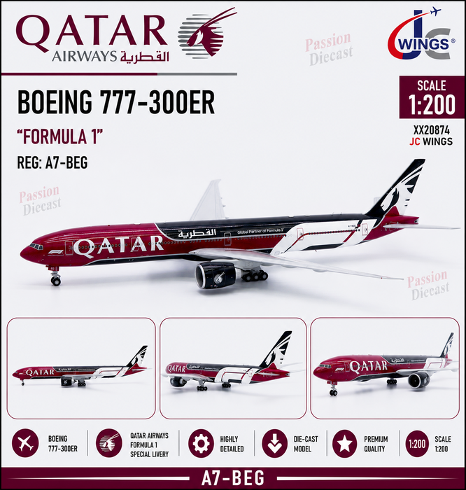 Qatar Airways Boeing 777-300ER "Formula 1" / A7-BEG /  JC Wings / 1:200 /XX20874