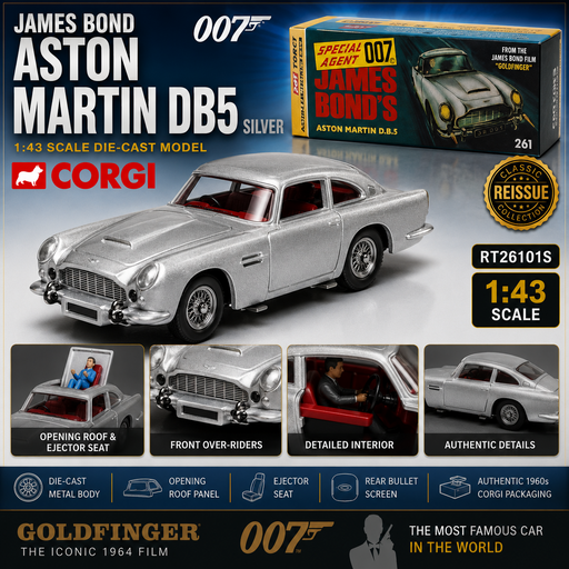 James Bond Aston Martin DB5, Silver  - Corgi 1:43 - RT26101S Passion Diecast