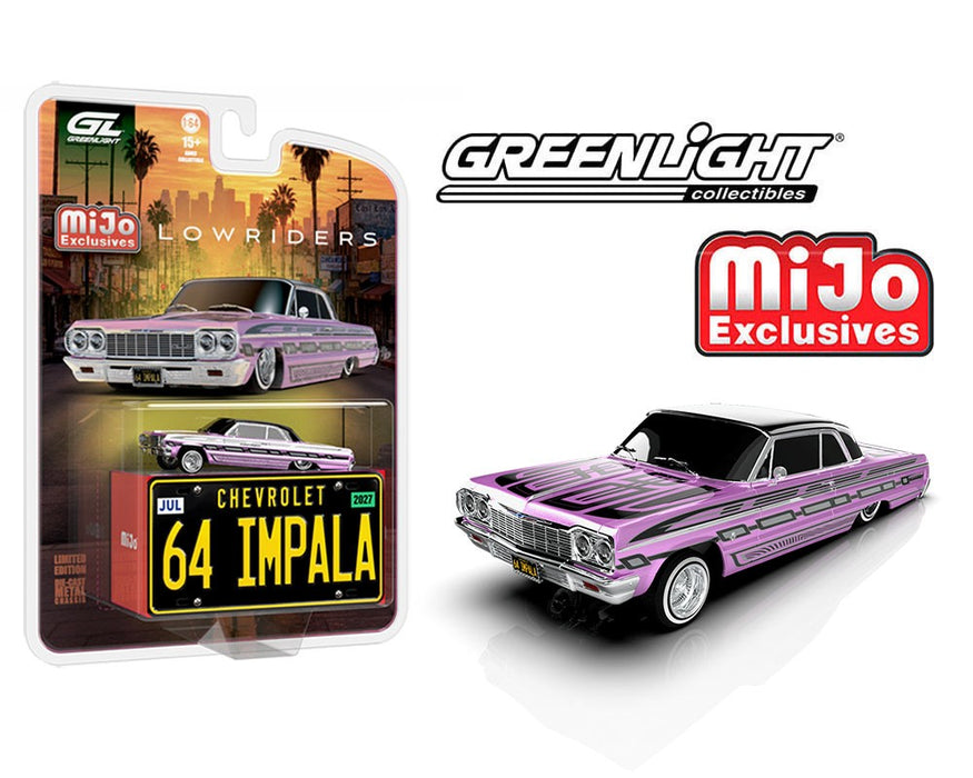 Lowriders 1964 Chevrolet Impala SS w/ Mini Metal License Plate - Pink - 1/64 Greenlight - 51757 A