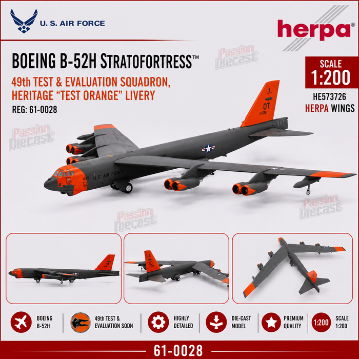 USAF Boeing B-52H 49th Test Orange Livery / Herpa Wings / 1:200 HE573726
