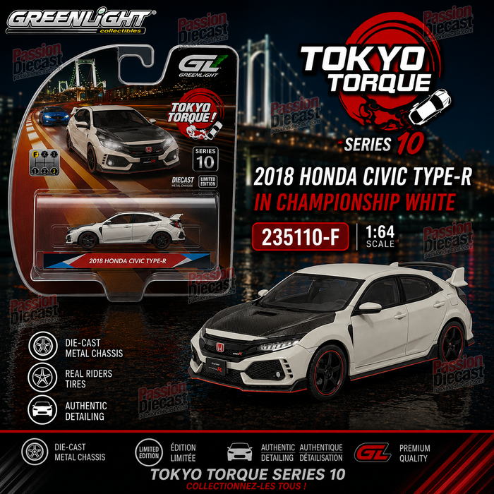  2018 Honda Integra FK8 White - Mexican Military - Tokyo Torque Series 10 - 1/64 Greenlight - 235110 F