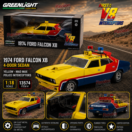 1974 Ford Falcon XB 4-Door Sedan  Yellow - First of the V8 Interceptors - Greelight 1/18 - 13574 - Passion Diecast 