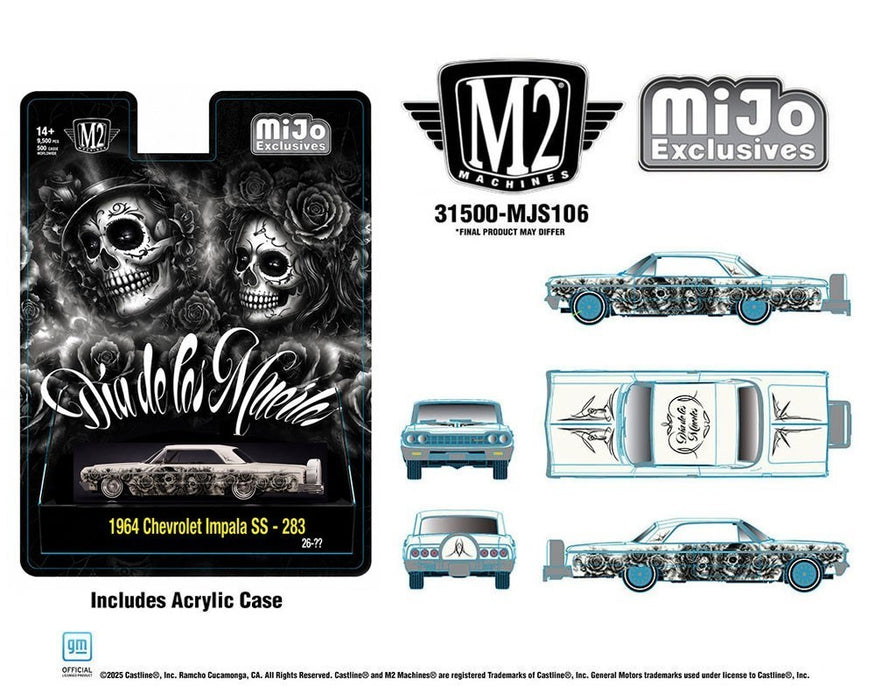 Dias De Los Muertos 1964 Chevrolet Impala SS Hard Top Lowriders - Pearl White - M2 Machine - 1:64 - 31500-MJS106