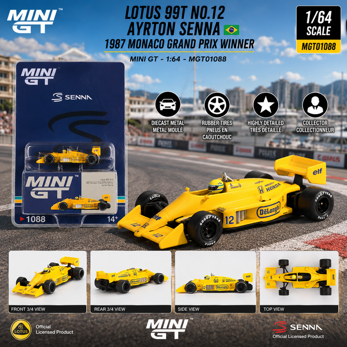 Lotus 99T No.12 Ayrton Senna 1987 Monaco Grand Prix Winner - Mini GT - 1:64 - MGT01088-BL
