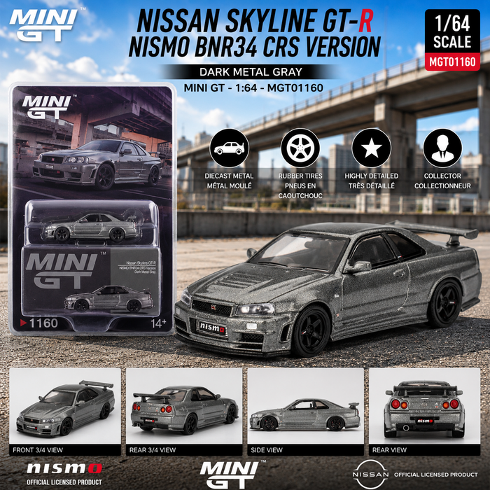 Nissan Skyline GT-R Dark Metal Gray (NISMO BNR34 CRS Version) - Mini GT - 1:64 - MGT01160 Passion Diecast