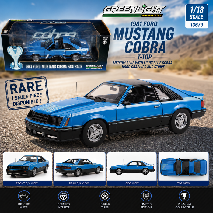 1981 Ford Mustang Cobra T-Top - Medium Blue with Light Blue Cobra Hood Graphics and Stripe - Greenlight 1/18 - 13679