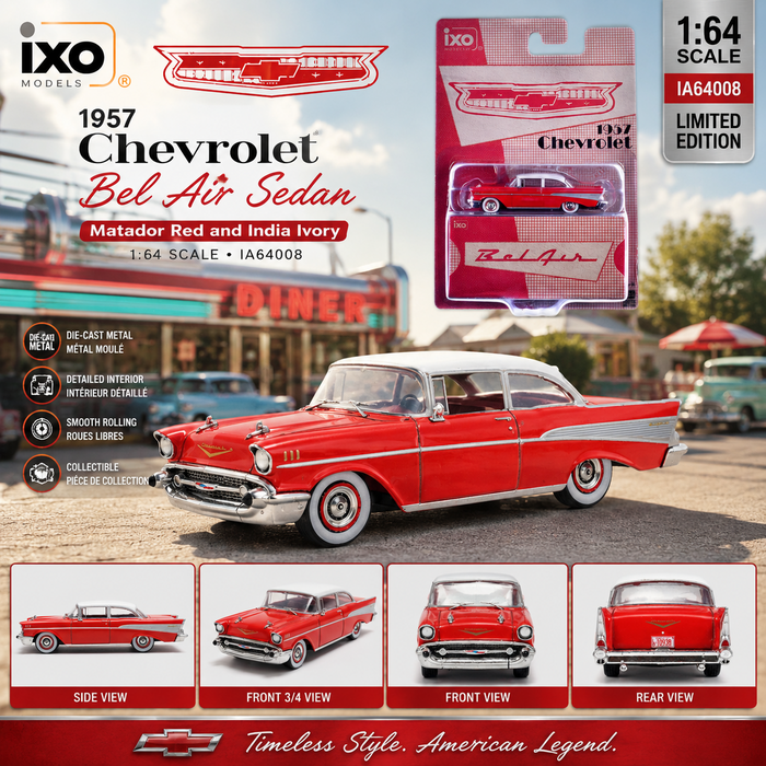 1957 Chevrolet Bel Air Sedan - Matador Red and India Ivory - IXO Models - 1:64 - IA64008 Passion Diecast