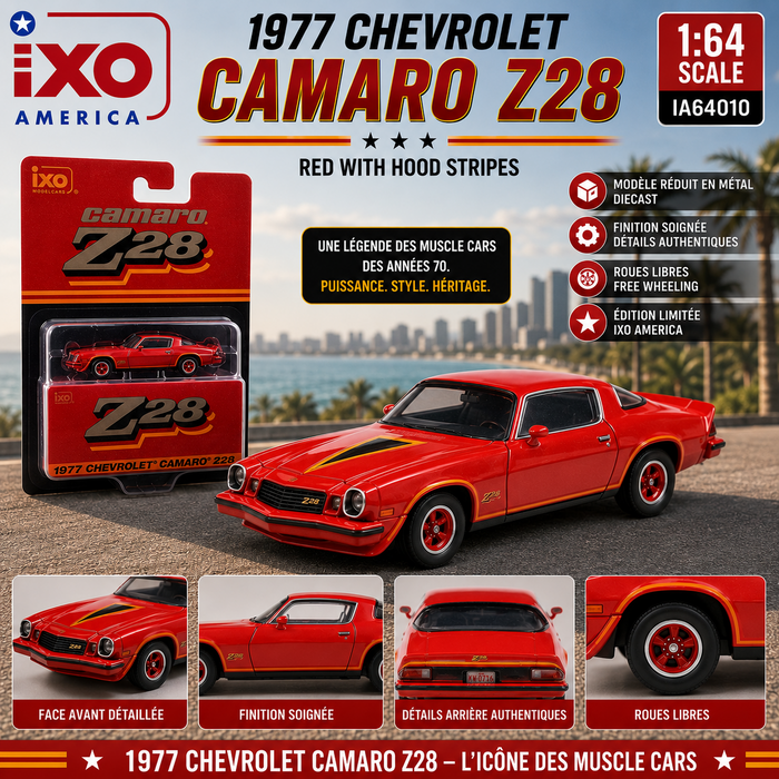 1977 Chevrolet Camaro Z28 - Red with Hood Stripes - IXO Models - 1:64 - IA64010