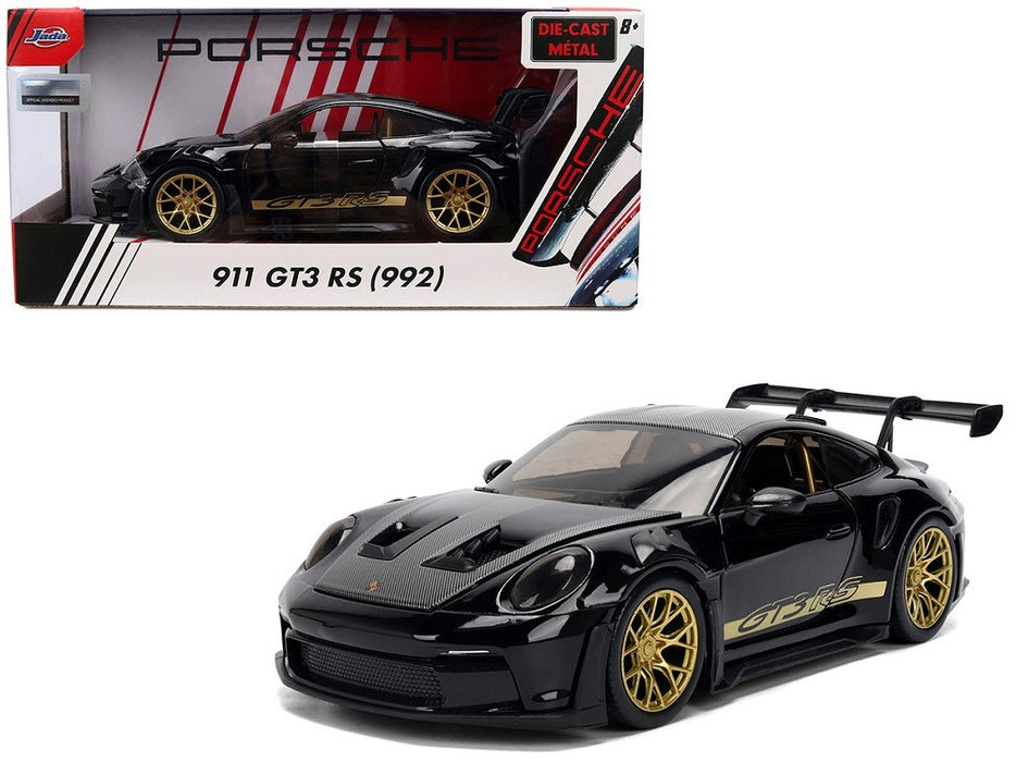 Porsche 911 (992) GT3 RS Black with Carbon Top and Hood Stripes and Gold Wheels - Hyper-Spec - Jada 1/24 - 37810