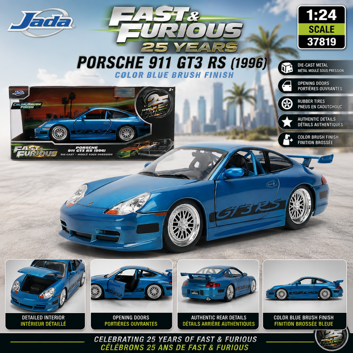 Porsche 911 GT3 RS with Color Blue Brush Finish - Fast & Furious 25 Years - Jada 1/24 - 37819 Passion Diecast