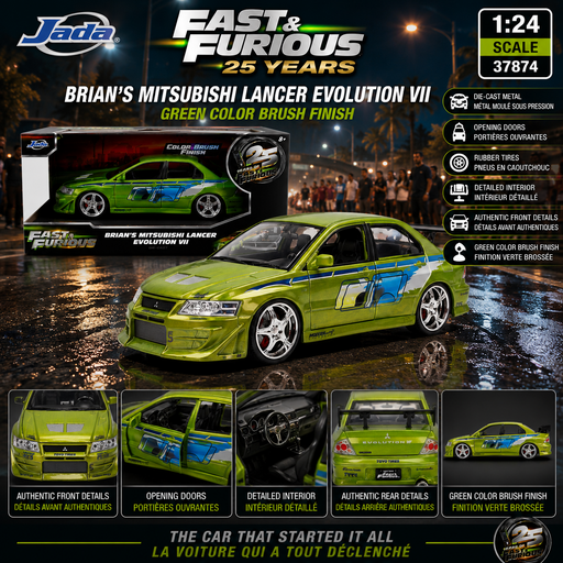 Brians Mitsubishi Lancer Evolution VII Green Color Brush Finish - Fast & Furious 25 Years - Jada 1/24 - 37874 Passion Diecast