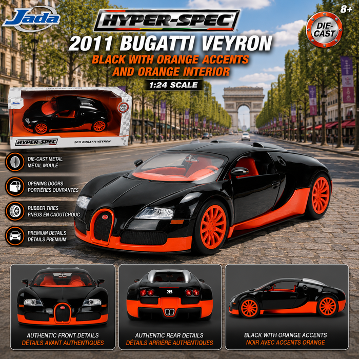 2011 Bugatti Veyron Black with Orange Accents and Orange Interior - Hyper-Spec - Jada 1/24 - 37642