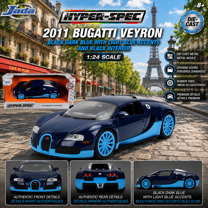 2011 Bugatti Veyron Black Dark Blue with Light Blue Accents - Hyper-Spec - Jada 1/24 - 37643