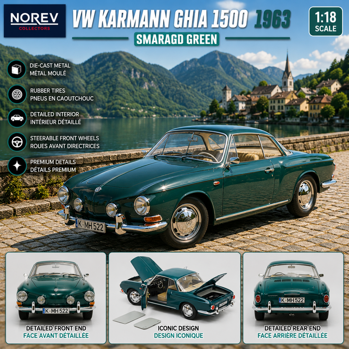 VW Karmann Ghia 1500 1963 Smaragd Green - Norev - 1:18 - 188648 - Passion Diecast
