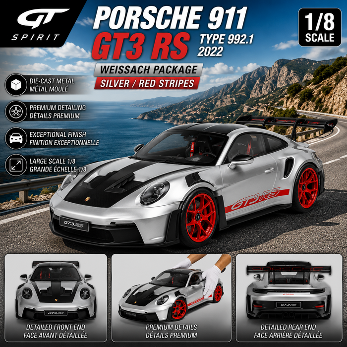 Porsche 911 GT3 RS Type 992.1 2022 Weissach Package Silver GT / Red Stripes - 1/8 - GT SPIRIT - GTS802001 Passion Diecast