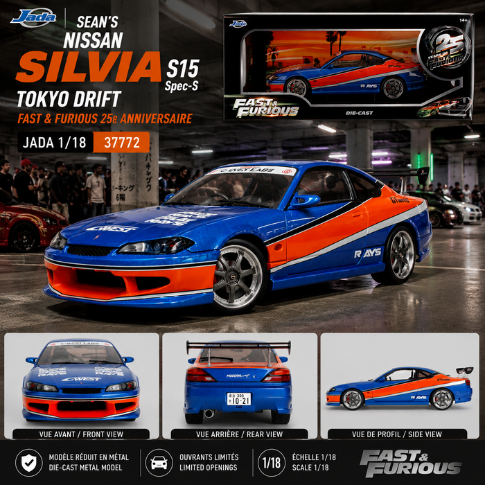 Sean's Nissan Silvia S15 Spec-s Tokyo Drift Fast & Furious 25e anniversary - Jada - 1/18 - 37771