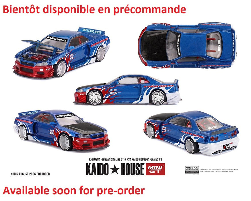 Nissan Skyline GT-R R34 Kaido House Flames V1 - Mini GT & Kaido★House 1/64 - KHMG294 Passion Diecast