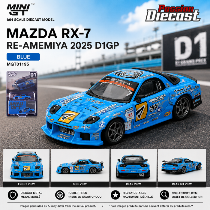 Mazda RX-7 RE-Amemiya 2025 D1GP - Blue - Mini GT - 1:64 - MGT01195 Passion Diecast