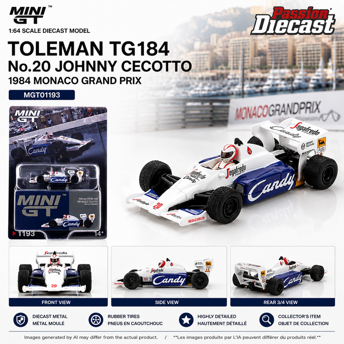 Toleman TG184 No.20 Johnny Cecotto 1984 Monaco Grand Prix - Mini GT - 1:64 - MGT01193 Passion Diecast