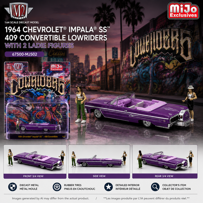1964 Chevrolet Impala SS Convertible Lowriders with 2 Ladie Figure - Purple - M2 Machine - 1:64 - 67500-MJS02