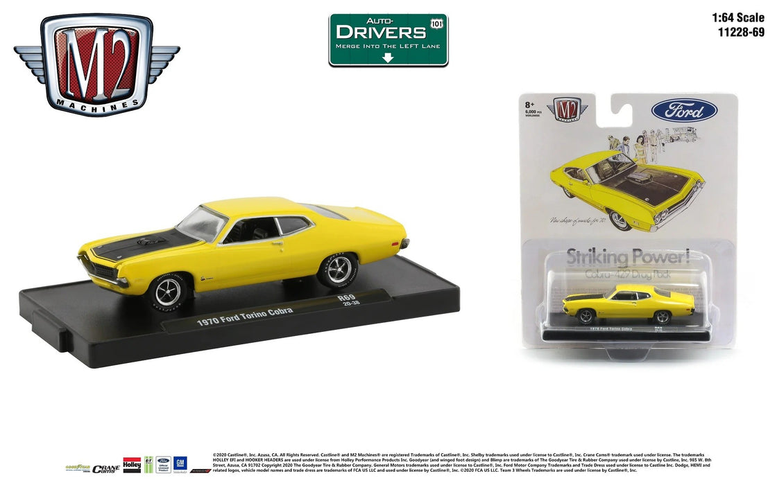 (Web Only) 1970 Ford Torino Cobra Bright Yellow with Black Hood- Auto-Drivers R 69 - M2  1:64 - 11228-69 A