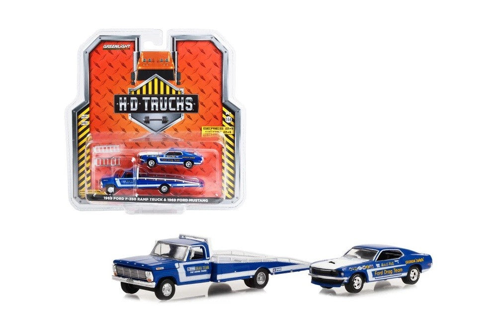 1969 Ford F-350 Ramp Truck with 1969 Ford Mustang Ford Drag Team - H.D. Trucks Series 24 - Greenlight - 33240 A