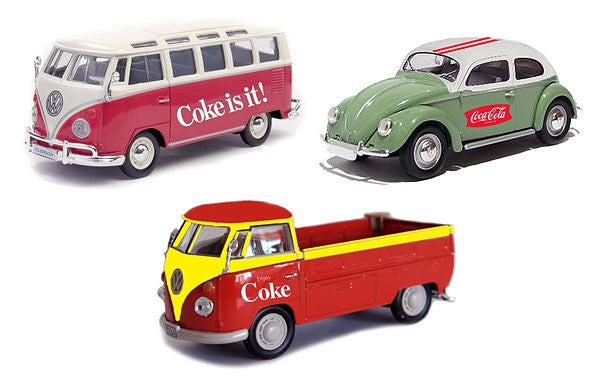 Coca Cola Gift Set of 3 - VW  Samba/Beetle/T1 Pick up/  Motorcyty Classics/1/72 -45835