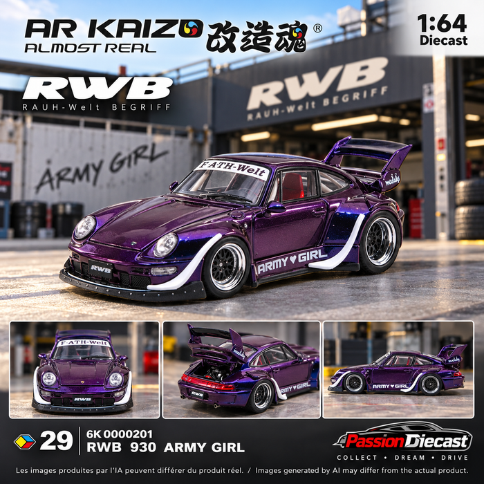 Montage illustratif Passion Diecast Almost Real KAIZO RWB 930 Army Girl Candy Purple 1:64
