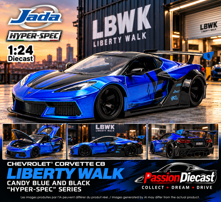 (Preorder) Jada 1:24 Chevrolet Corvette C8 Liberty Walk – Candy Blue and Black – Hyper-Spec – 36496